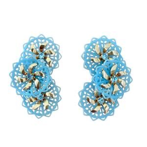 Vintage 1960s Blue Flower Clip On Earrings 2" Rhinestone Center Statement